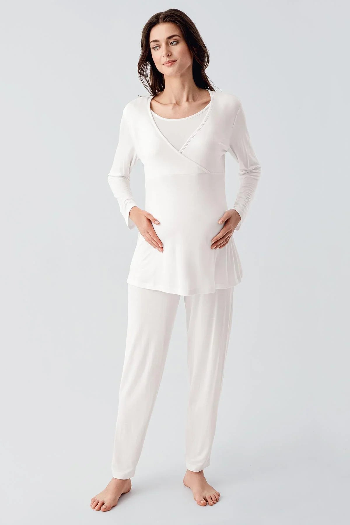 Melange Double Breasted 3-Piece Maternity-Nursing Pajama & Robe Set Ecru - 23105