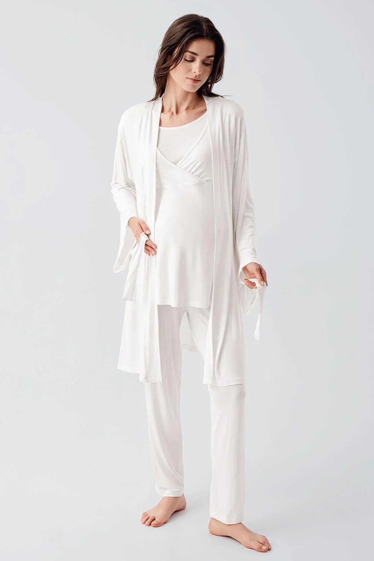 Melange Double Breasted 3-Piece Maternity-Nursing Pajama & Robe Set Ecru - 23105
