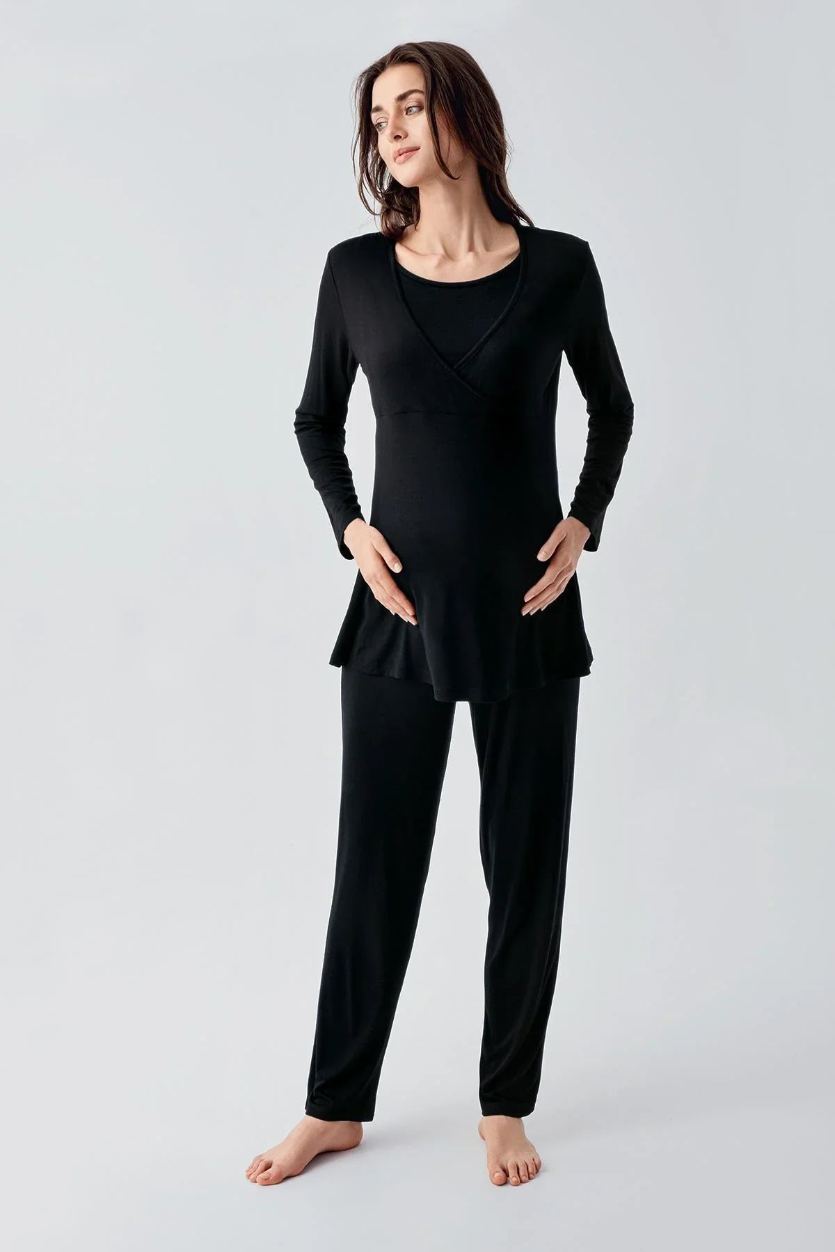 Melange Double Breasted 3-Piece Maternity-Nursing Pajama & Robe Set Black - 23105