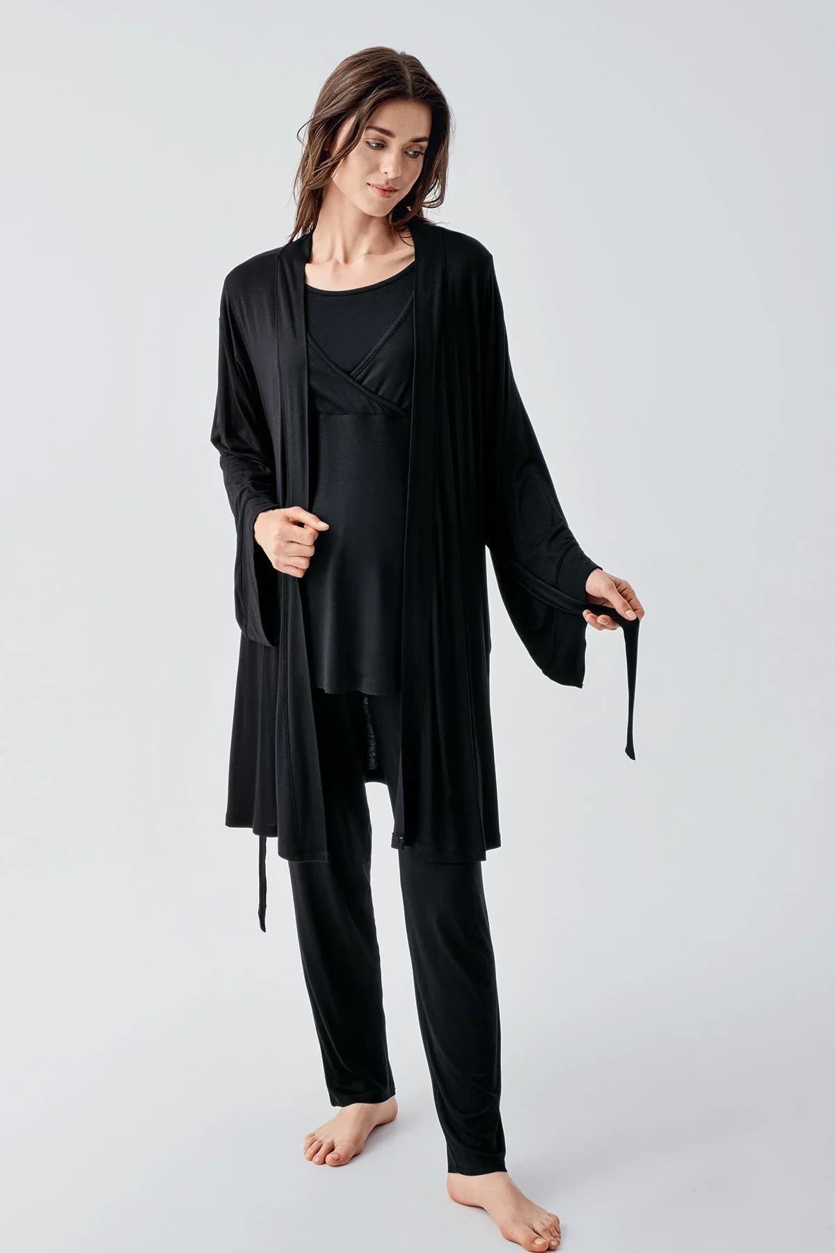 Melange Double Breasted 3-Piece Maternity-Nursing Pajama & Robe Set Black - 23105