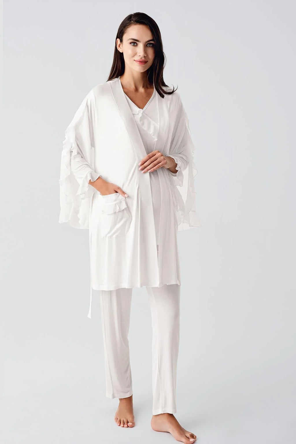 Chiffon Double Breasted 3-Pieces Maternity Feeding-Friendly Pajamas With Flywheel Arm Robe Ecru - S23106