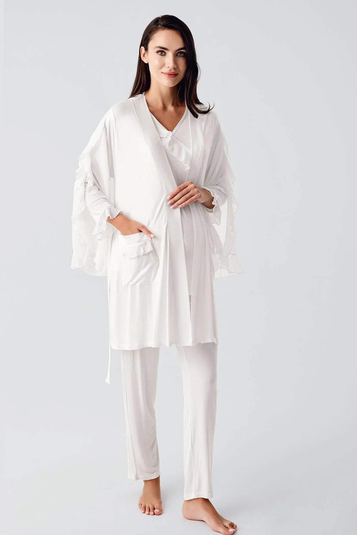 Chiffon Double Breasted 3-Pieces Maternity Feeding-Friendly Pajamas With Flywheel Arm Robe Ecru - S23106