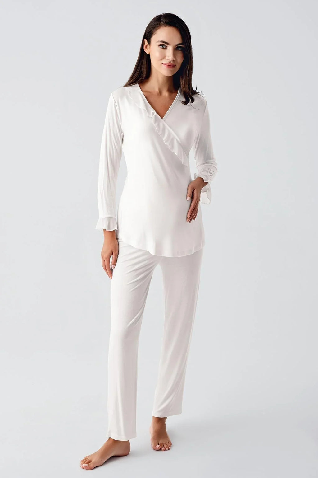 Chiffon Double Breasted 3-Pieces Maternity Feeding-Friendly Pajamas With Flywheel Arm Robe Ecru - S23106