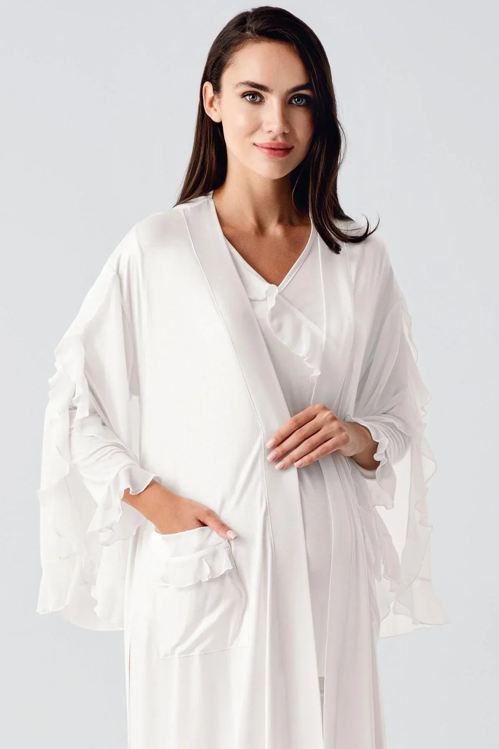 Chiffon Double Breasted 3-Pieces Maternity Feeding-Friendly Pajamas With Flywheel Arm Robe Ecru - S23106