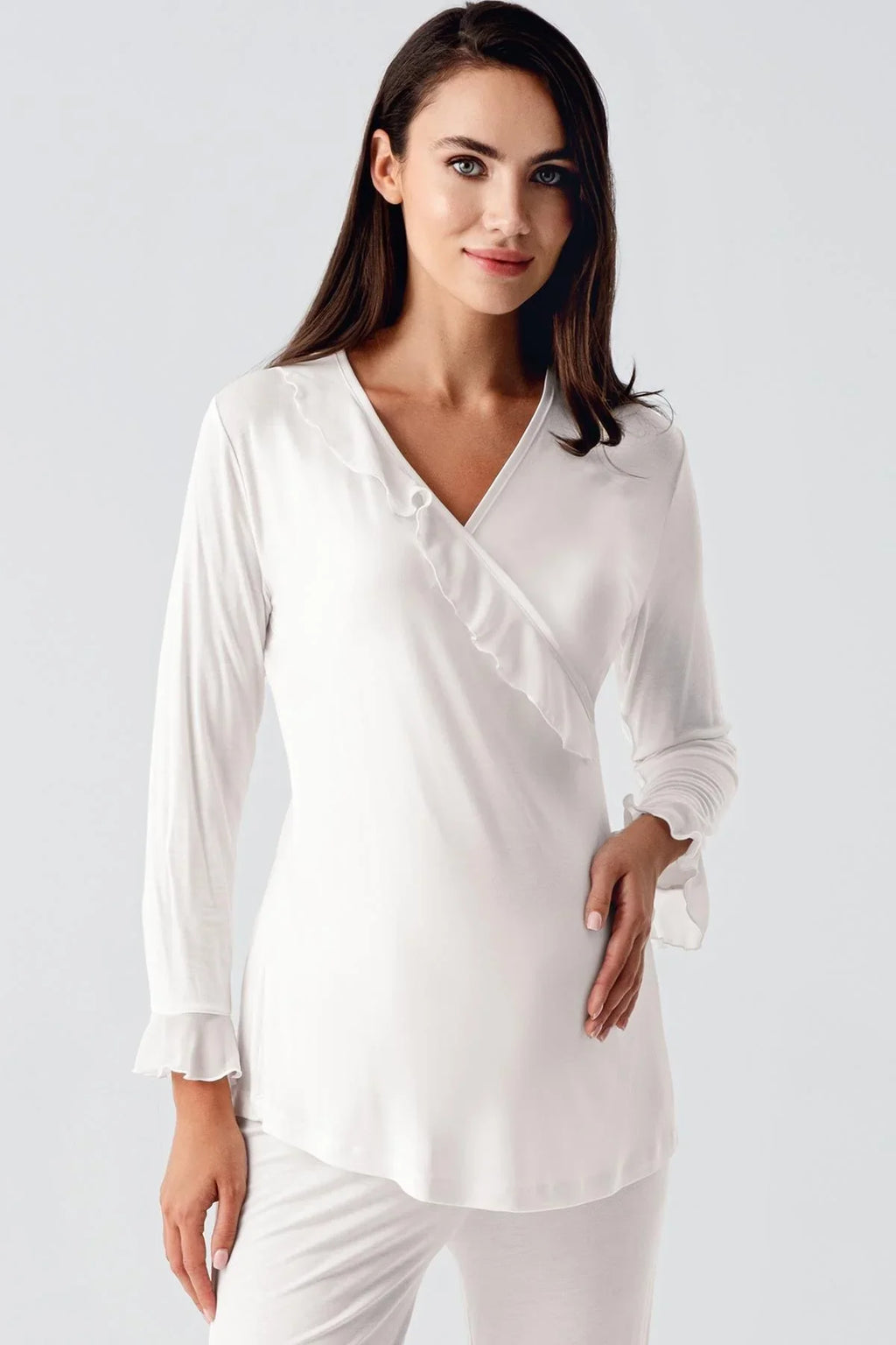 Chiffon Double Breasted 3-Pieces Maternity Feeding-Friendly Pajamas With Flywheel Arm Robe Ecru - S23106