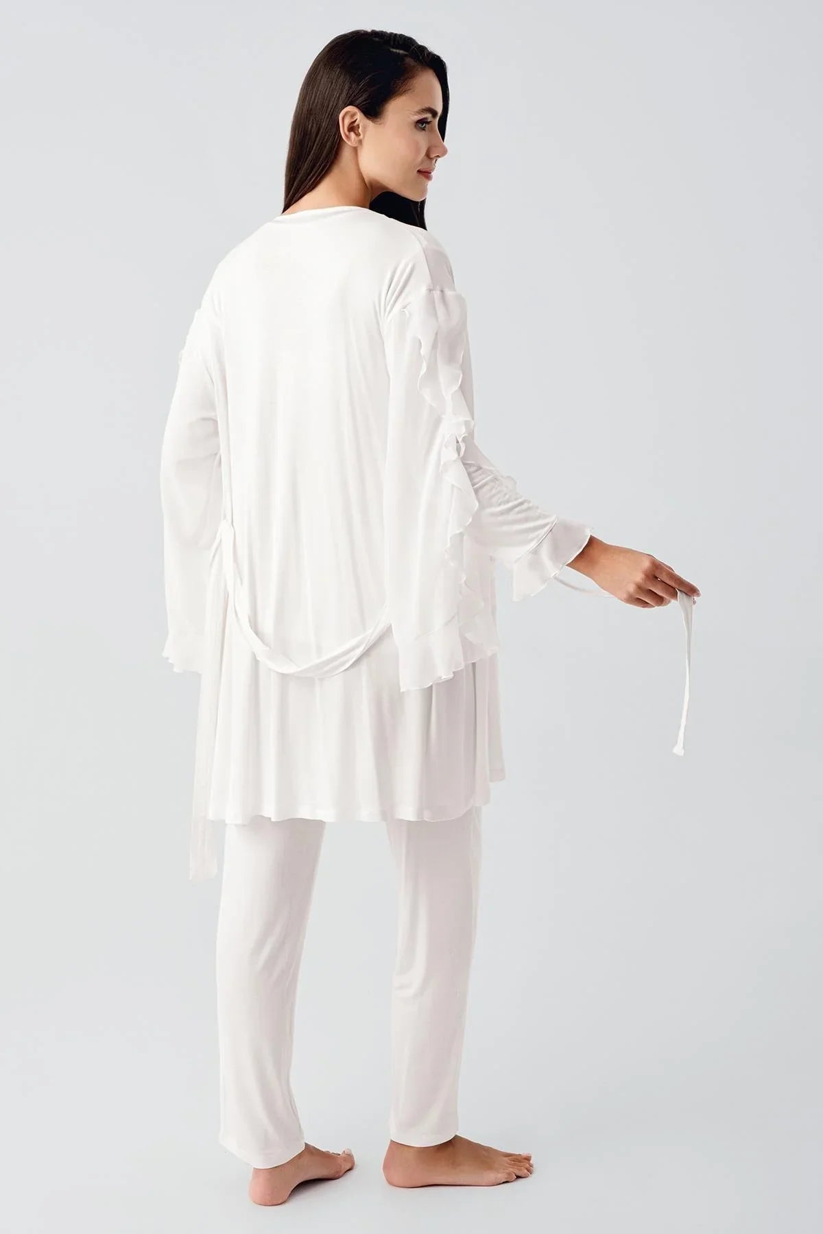 Chiffon Double Breasted 3-Pieces Maternity Feeding-Friendly Pajamas With Flywheel Arm Robe Ecru - S23106