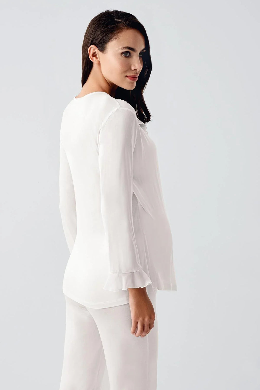 Chiffon Double Breasted 3-Pieces Maternity Feeding-Friendly Pajamas With Flywheel Arm Robe Ecru - S23106