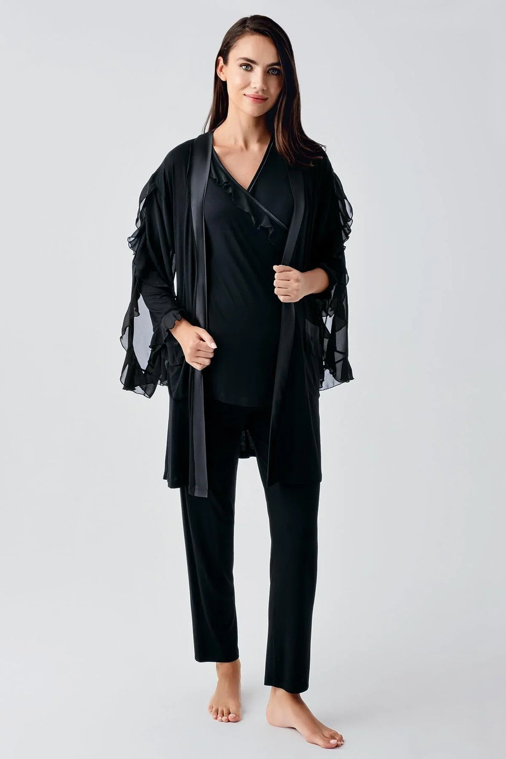 Chiffon Double Breasted 3-Pieces Maternity Feeding-Friendly Pajamas With Flywheel Arm Robe Black - S23106
