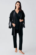 Chiffon Double Breasted 3-Pieces Maternity Feeding-Friendly Pajamas With Flywheel Arm Robe Black - S23106