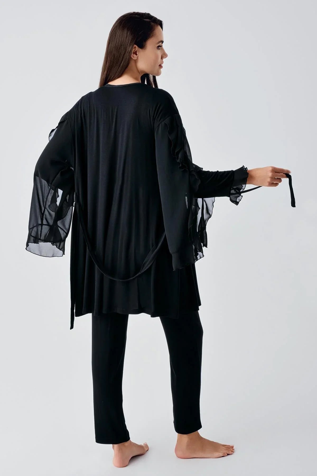 Chiffon Double Breasted 3-Pieces Maternity Feeding-Friendly Pajamas With Flywheel Arm Robe Black - S23106