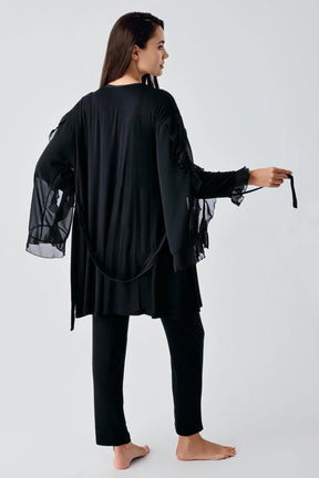 Chiffon Double Breasted 3-Pieces Maternity & Nursing Pajamas With Flywheel Arm Robe Black - 23106