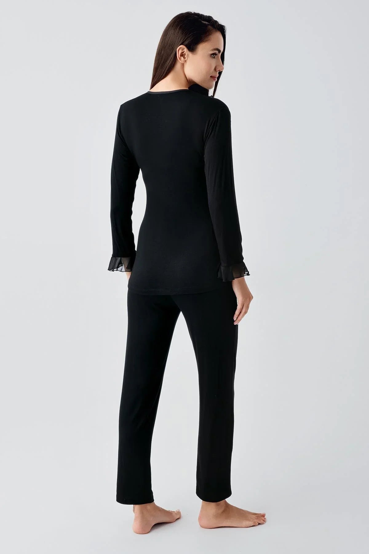 Chiffon Double Breasted 3-Pieces Maternity Feeding-Friendly Pajamas With Flywheel Arm Robe Black - S23106