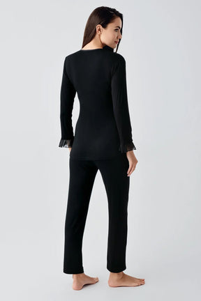 Chiffon Double Breasted 3-Pieces Maternity & Nursing Pajamas With Flywheel Arm Robe Black - 23106
