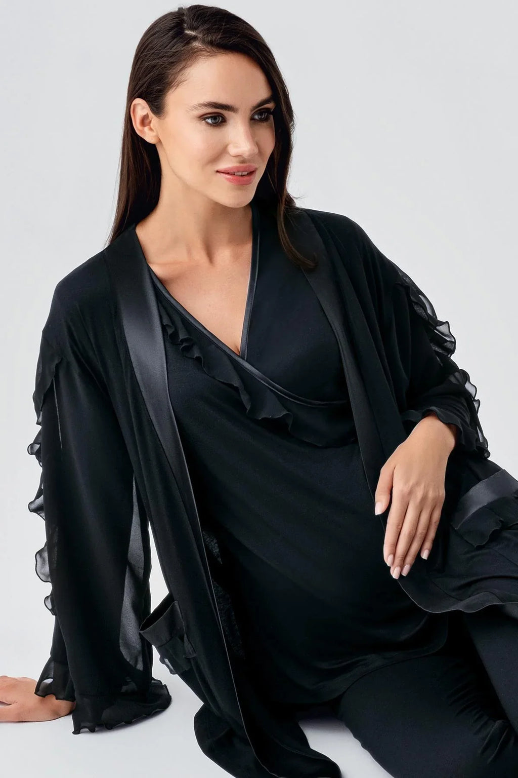 Chiffon Double Breasted 3-Pieces Maternity Feeding-Friendly Pajamas With Flywheel Arm Robe Black - S23106