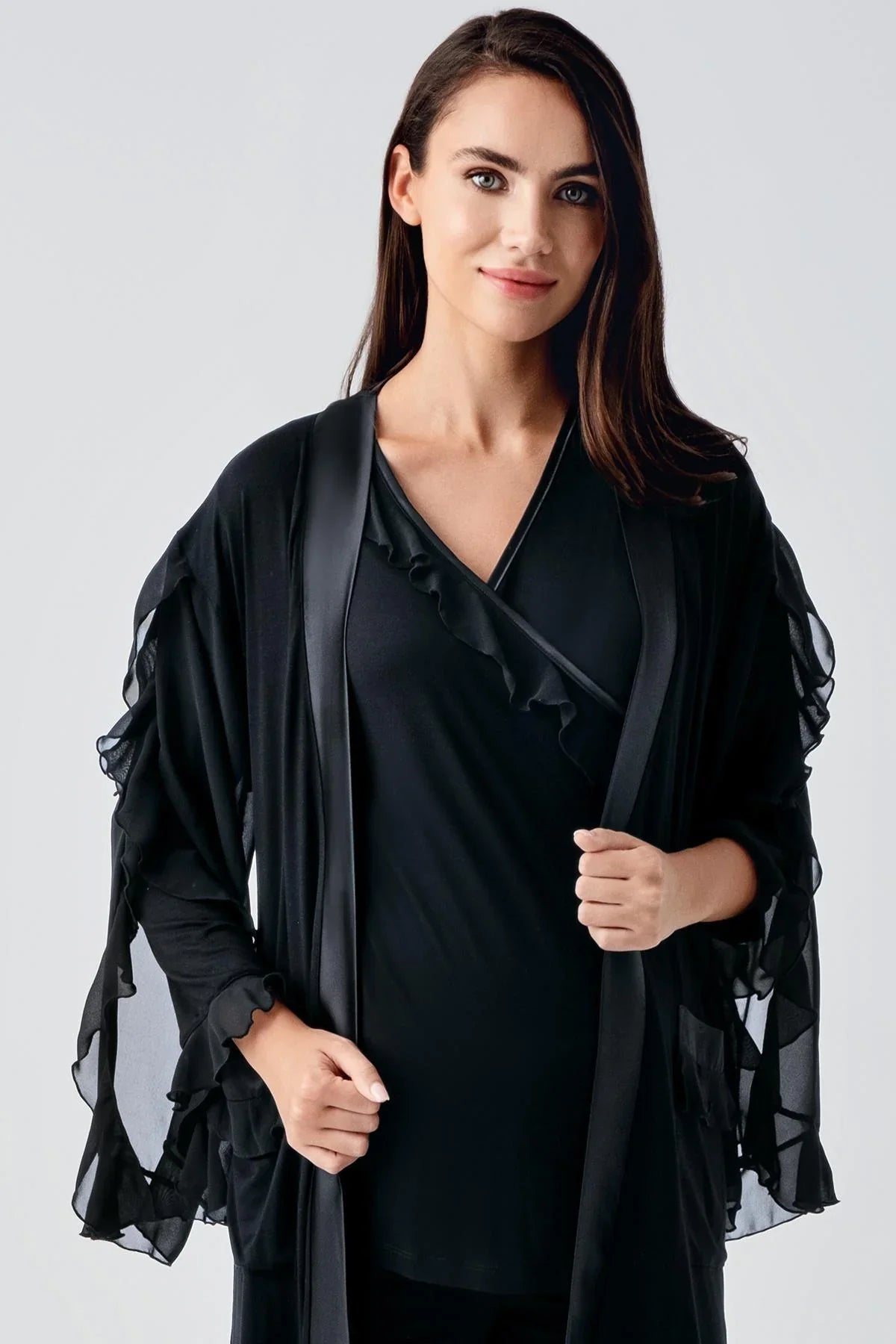 Chiffon Double Breasted 3-Pieces Maternity Feeding-Friendly Pajamas With Flywheel Arm Robe Black - S23106