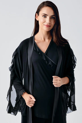 Chiffon Double Breasted 3-Pieces Maternity & Nursing Pajamas With Flywheel Arm Robe Black - 23106