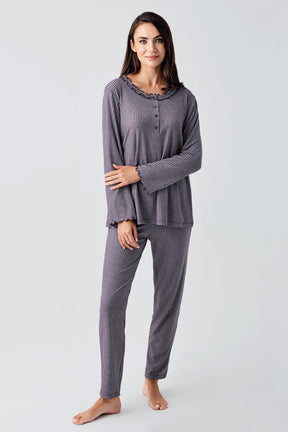 Ruffle 3-Pieces Maternity & Nursing Pajamas With Velvet Robe Plum - 23109