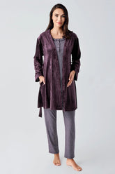 Ruffle 3-Pieces Maternity & Nursing Pajamas With Velvet Robe Plum - 23109