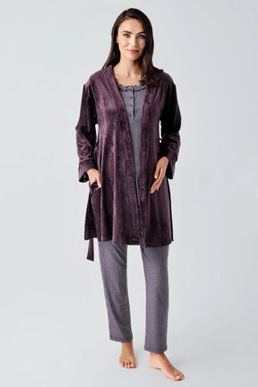 Ruffle 3-Pieces Maternity & Nursing Pajamas With Velvet Robe Plum - 23109