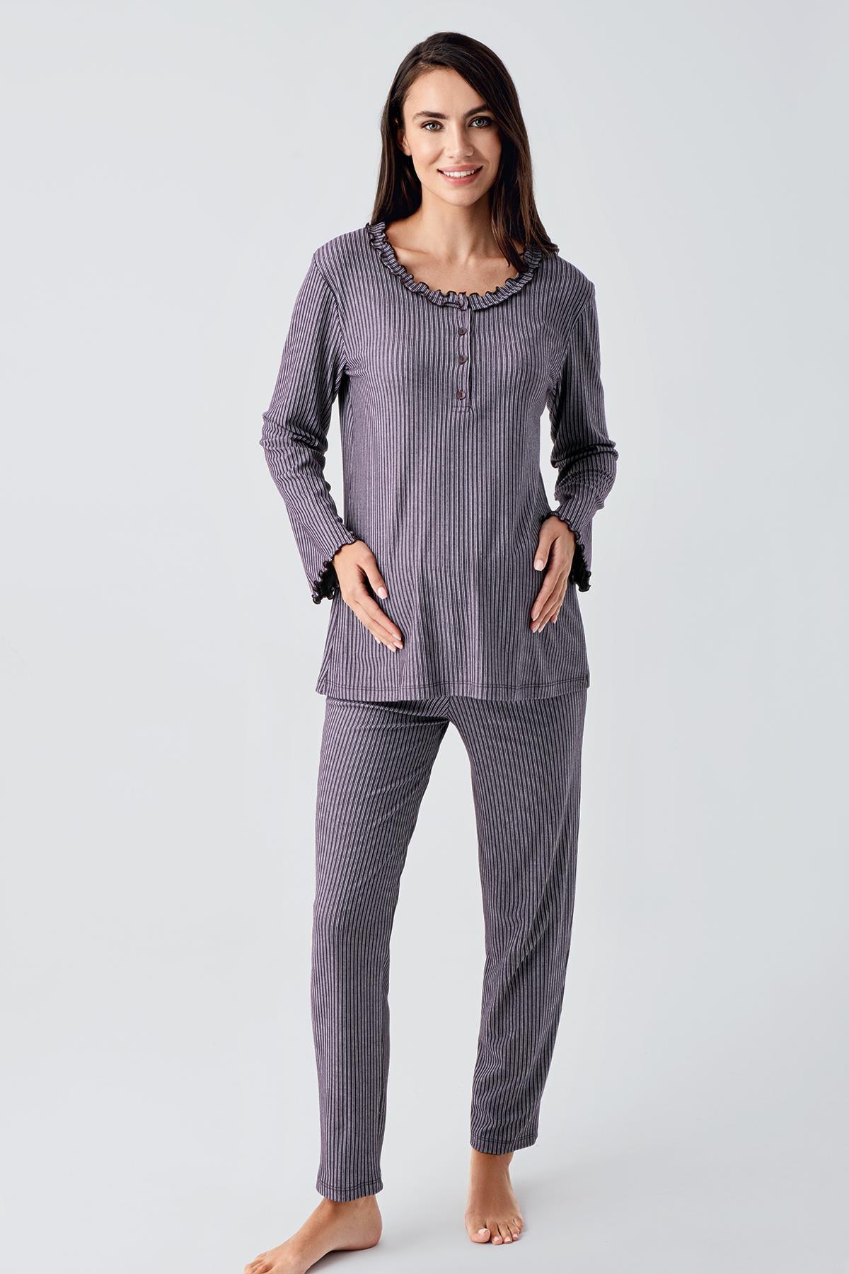 Ruffle 3-Pieces Maternity & Nursing Pajamas With Velvet Robe Plum - 23109