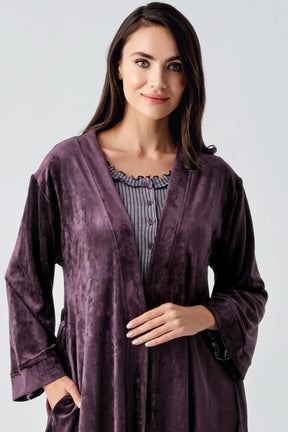 Ruffle 3-Pieces Maternity & Nursing Pajamas With Velvet Robe Plum - 23109