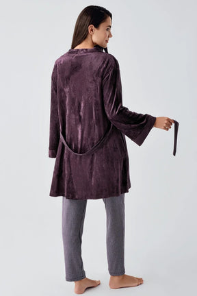 Ruffle 3-Pieces Maternity & Nursing Pajamas With Velvet Robe Plum - 23109