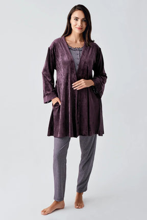 Ruffle 3-Pieces Maternity & Nursing Pajamas With Velvet Robe Plum - 23109