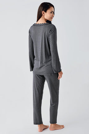 Ruffle 3-Pieces Maternity & Nursing Pajamas With Velvet Robe Black - 23109
