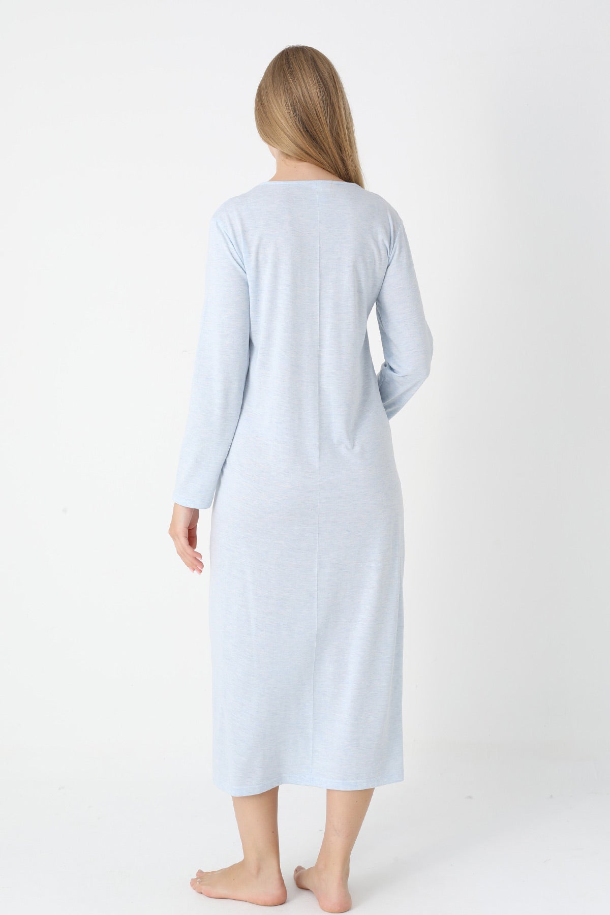 Lace Collar Maternity-Nursing Nightgown & Flower Patterned Robe Set Blue - 2310