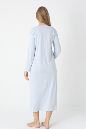 Lace Collar Maternity-Nursing Nightgown & Flower Patterned Robe Set Blue - 2310