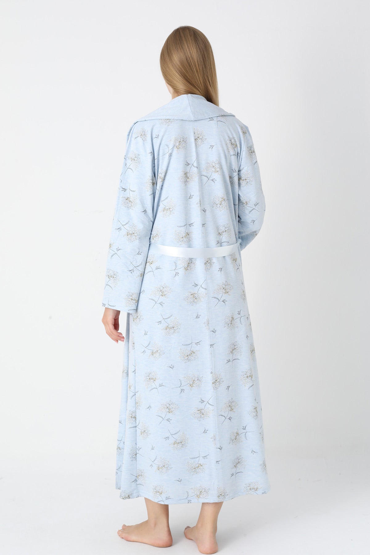 Lace Collar Maternity-Nursing Nightgown & Flower Patterned Robe Set Blue - 2310