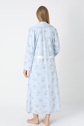 Lace Collar Maternity-Nursing Nightgown & Flower Patterned Robe Set Blue - 2310