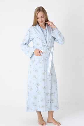 Lace Collar Maternity-Nursing Nightgown & Flower Patterned Robe Set Blue - 2310
