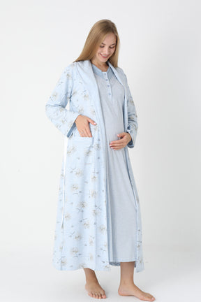 Lace Collar Maternity-Nursing Nightgown & Flower Patterned Robe Set Blue - 2310