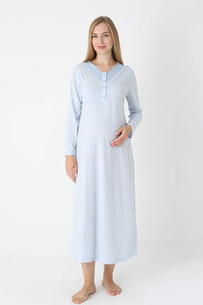 Lace Collar Maternity-Nursing Nightgown & Flower Patterned Robe Set Blue - 2310