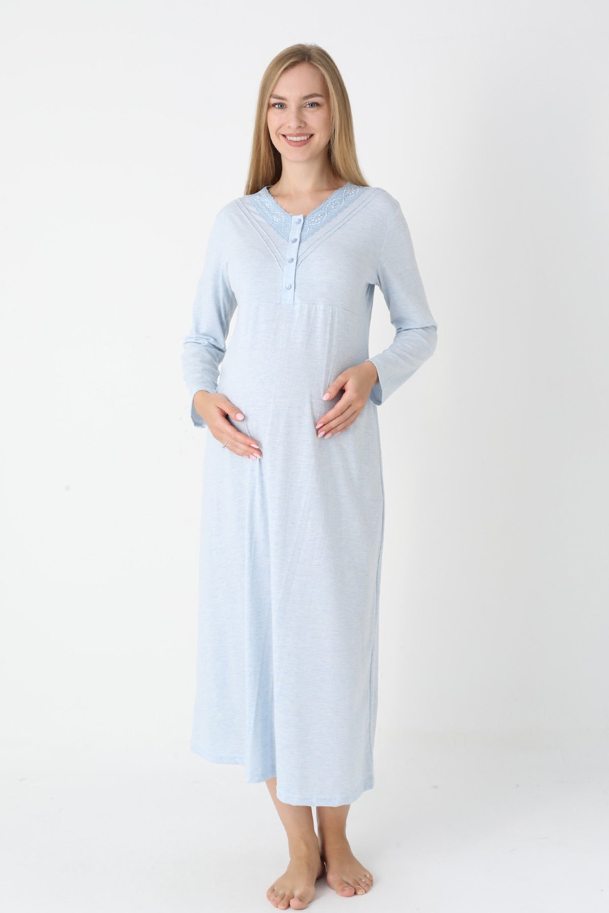 Lace Collar Maternity-Nursing Nightgown & Flower Patterned Robe Set Blue - 2310