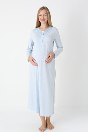 Lace Collar Maternity-Nursing Nightgown & Flower Patterned Robe Set Blue - 2310