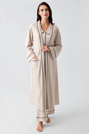 Baby Collar 3-Piece Maternity-Nursing Pajama & Robe Set Beige - 23111