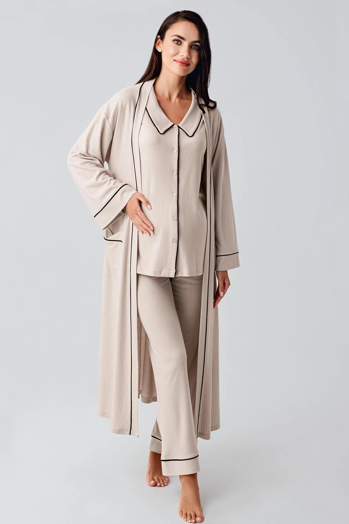 Baby Collar 3-Piece Maternity-Nursing Pajama & Robe Set Beige - 23111