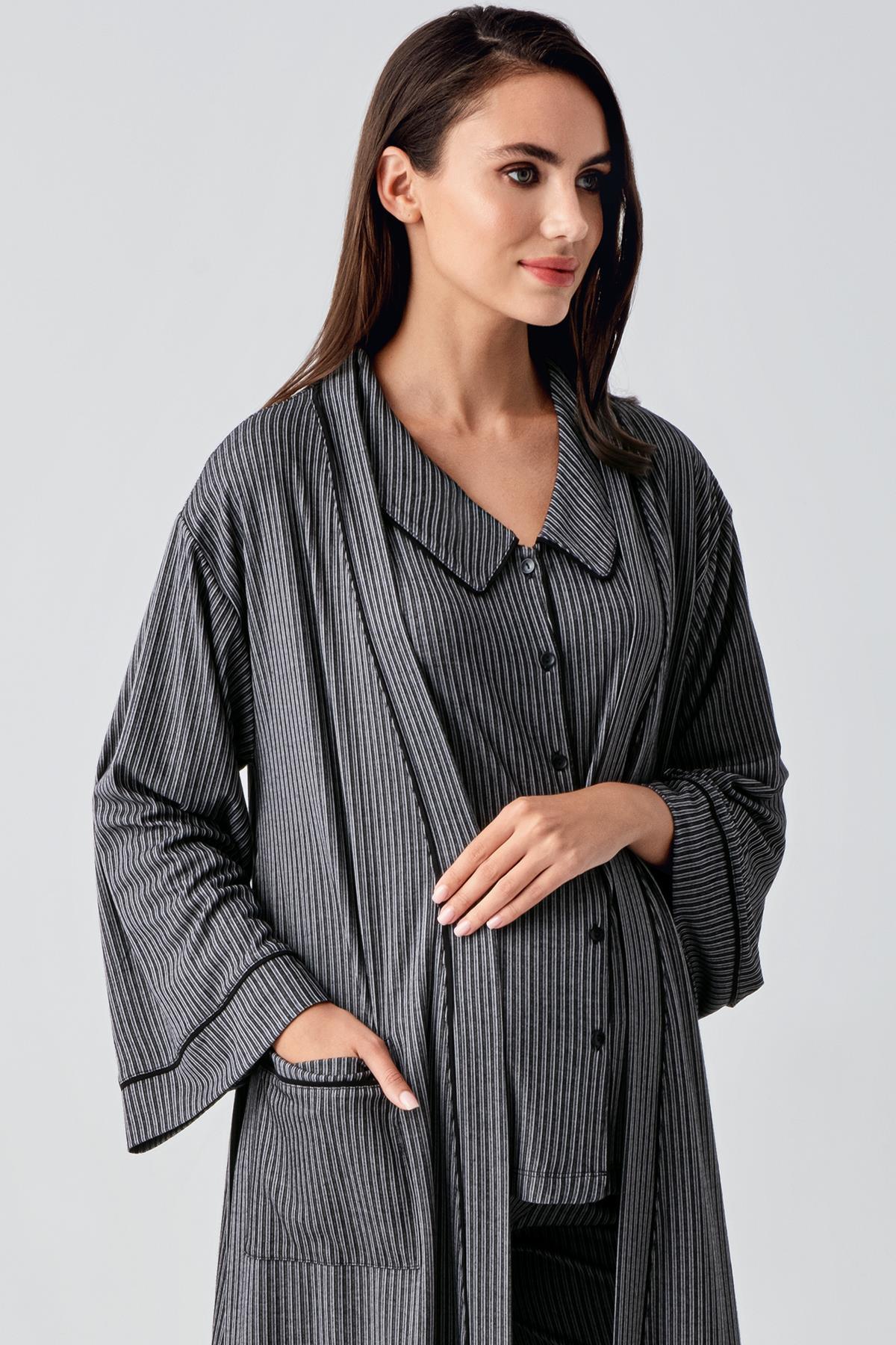Baby Collar 3-Piece Maternity-Nursing Pajama & Robe Set Black - 23111