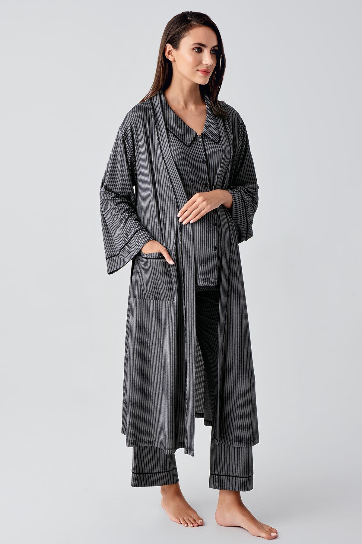 Baby Collar 3-Piece Maternity-Nursing Pajama & Robe Set Black - 23111