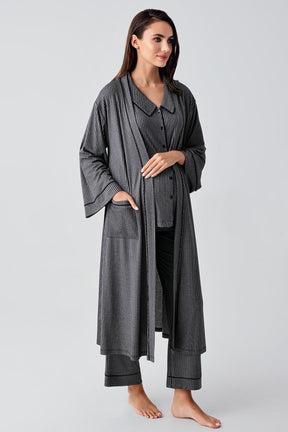 Baby Collar 3-Piece Maternity-Nursing Pajama & Robe Set Black - 23111