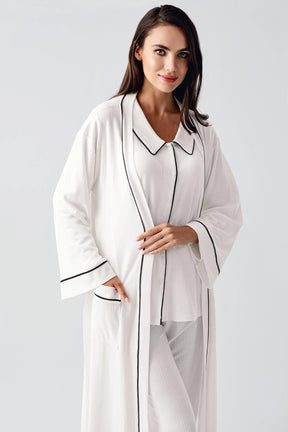 Baby Collar 3-Piece Maternity-Nursing Pajama & Robe Set Ecru - 23111