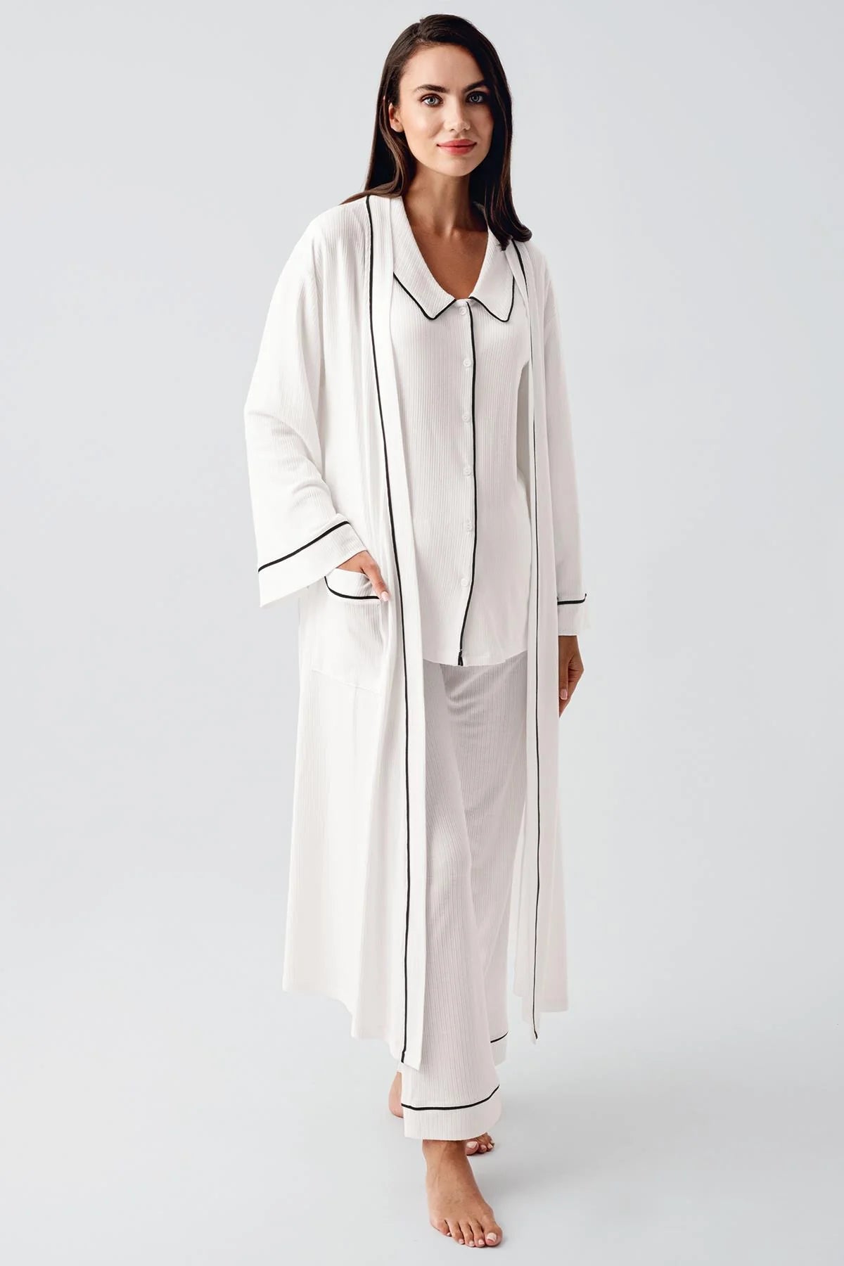 Baby Collar 3-Piece Maternity-Nursing Pajama & Robe Set Ecru - 23111