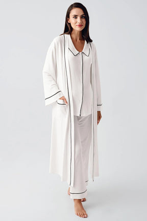 Baby Collar 3-Piece Maternity-Nursing Pajama & Robe Set Ecru - 23111
