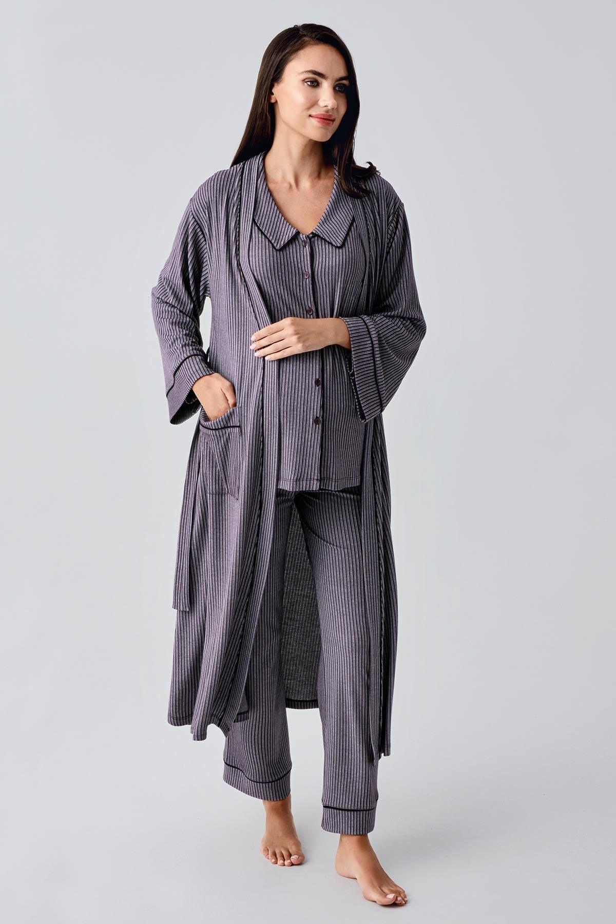 Baby Collar 3-Piece Maternity-Nursing Pajama & Robe Set Purple - 23111