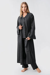 Cotton Melange 3-Piece Maternity-Nursing Pajama & Flywheel Arm Robe Set Anthracite - 23112