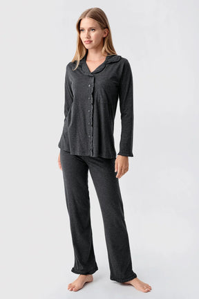 Cotton Melange 3-Piece Maternity-Nursing Pajama & Flywheel Arm Robe Set Anthracite - 23112