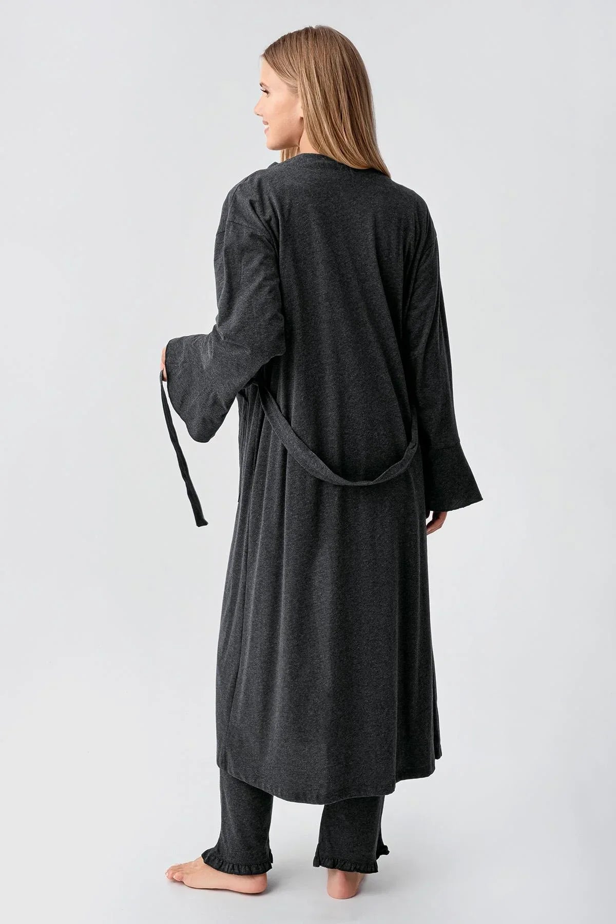 Cotton Melange 3-Piece Maternity-Nursing Pajama & Flywheel Arm Robe Set Anthracite - 23112