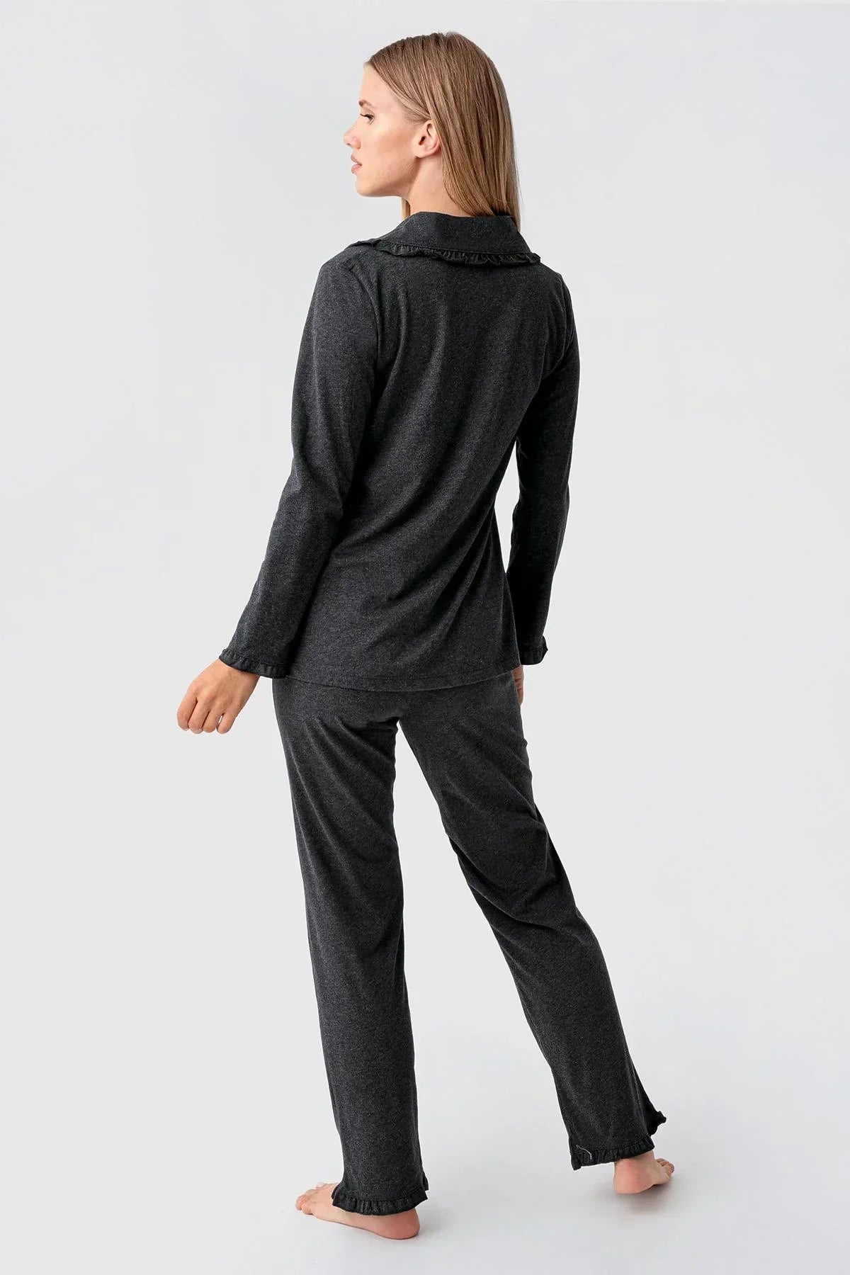 Cotton Melange 3-Piece Maternity-Nursing Pajama & Flywheel Arm Robe Set Anthracite - 23112